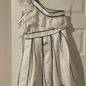 Self-Portrait White One-Shoulder Eyelet Dress with Black Piping